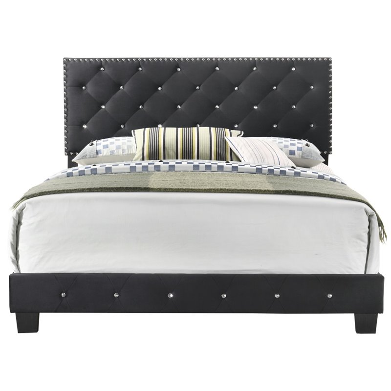 Maklaine Transitional Upholstered Velvet Full Bed in Black Finish