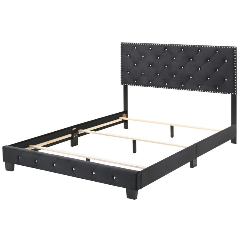 Maklaine Transitional Upholstered Velvet Full Bed in Black Finish