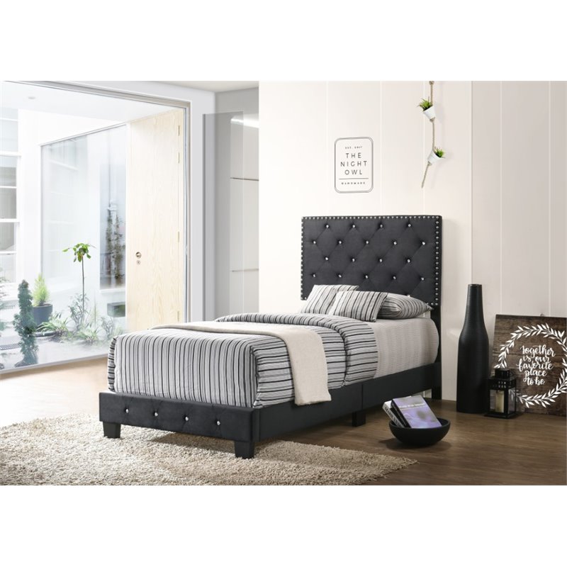 Maklaine Velvet Black Upholstered Twin Bed Rectangular Tufted 47