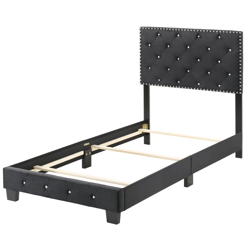 Maklaine Velvet Black Upholstered Twin Bed Rectangular Tufted 47