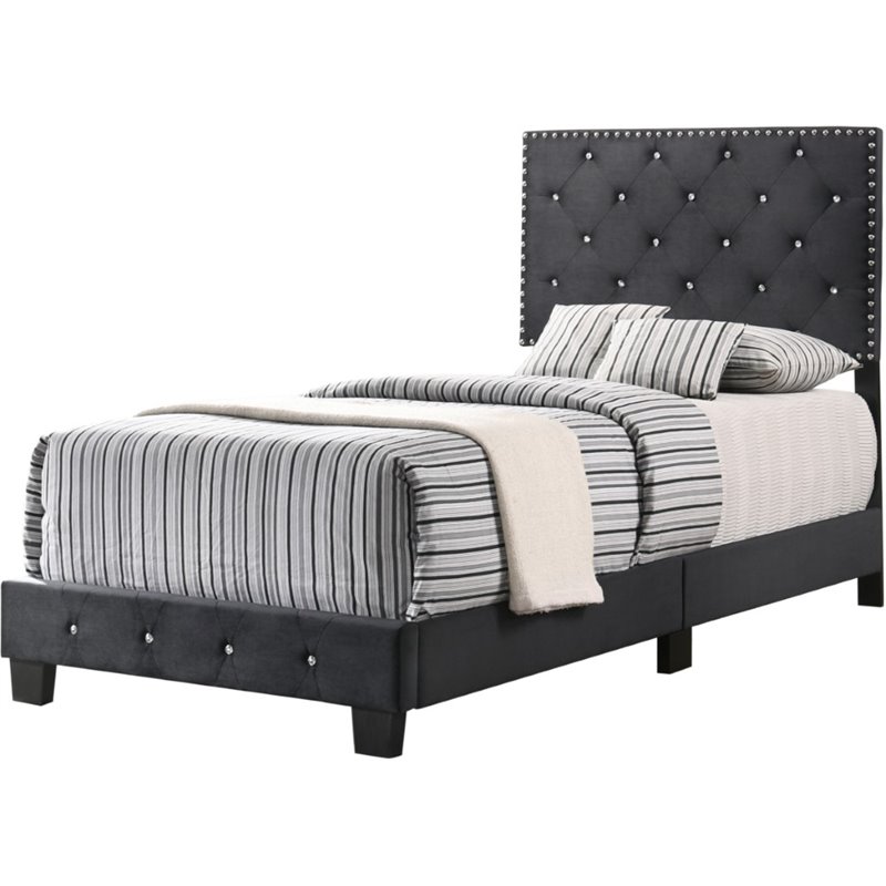 Maklaine Velvet Black Upholstered Twin Bed Rectangular Tufted 47