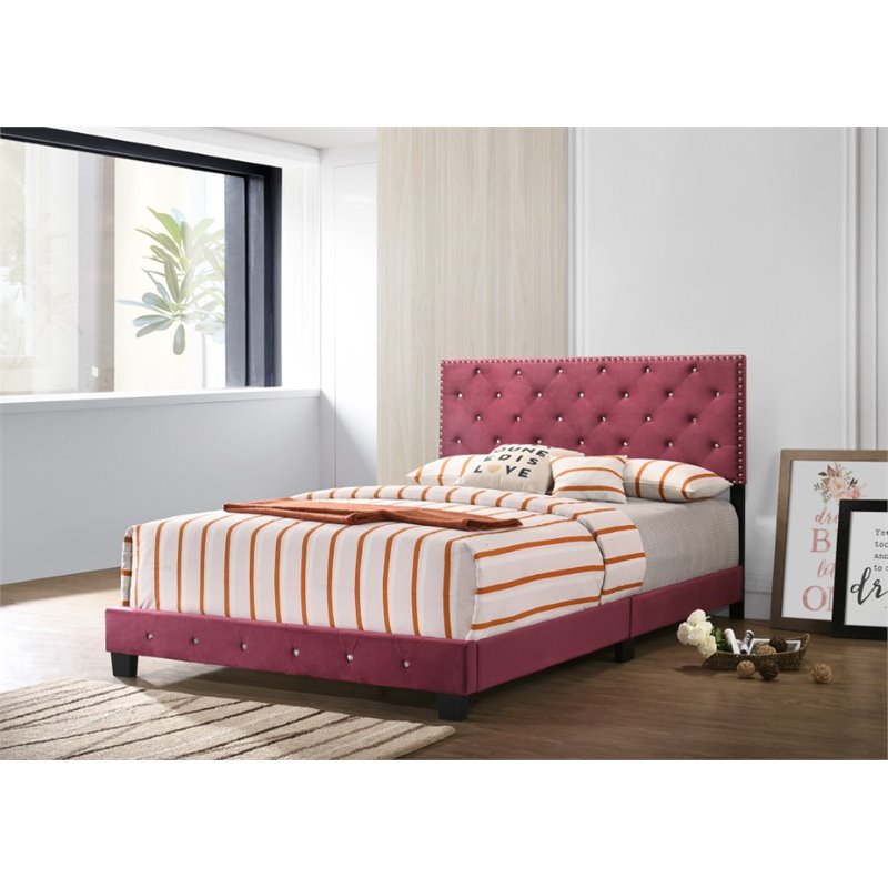 Maklaine Transitional Upholstered Velvet Full Bed in Cherry Finish