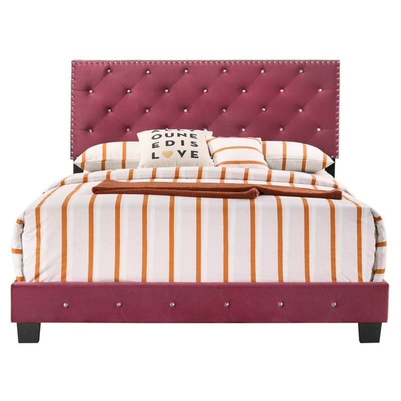 Maklaine Transitional Upholstered Velvet Full Bed in Cherry Finish