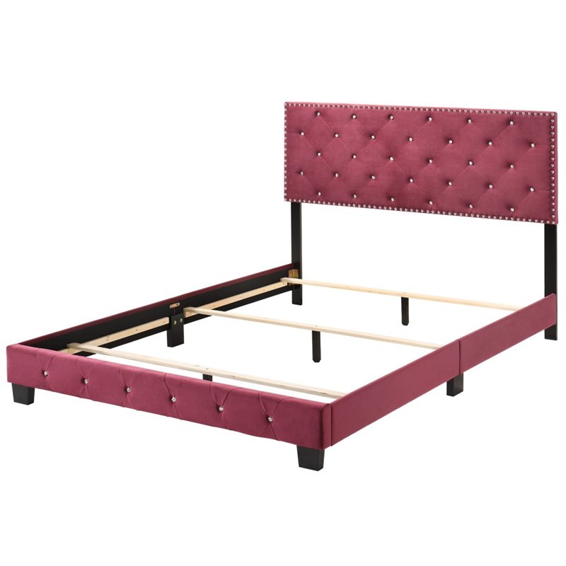 Maklaine Transitional Upholstered Velvet Full Bed in Cherry Finish
