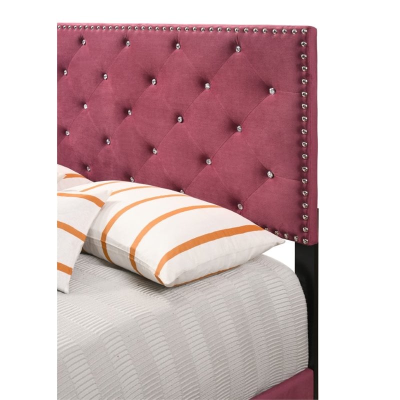 Maklaine Transitional Upholstered Velvet Full Bed in Cherry Finish