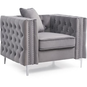 Maklaine Contemporary Soft Velvet Jeweled Buttoned Tufted Chair in Gray