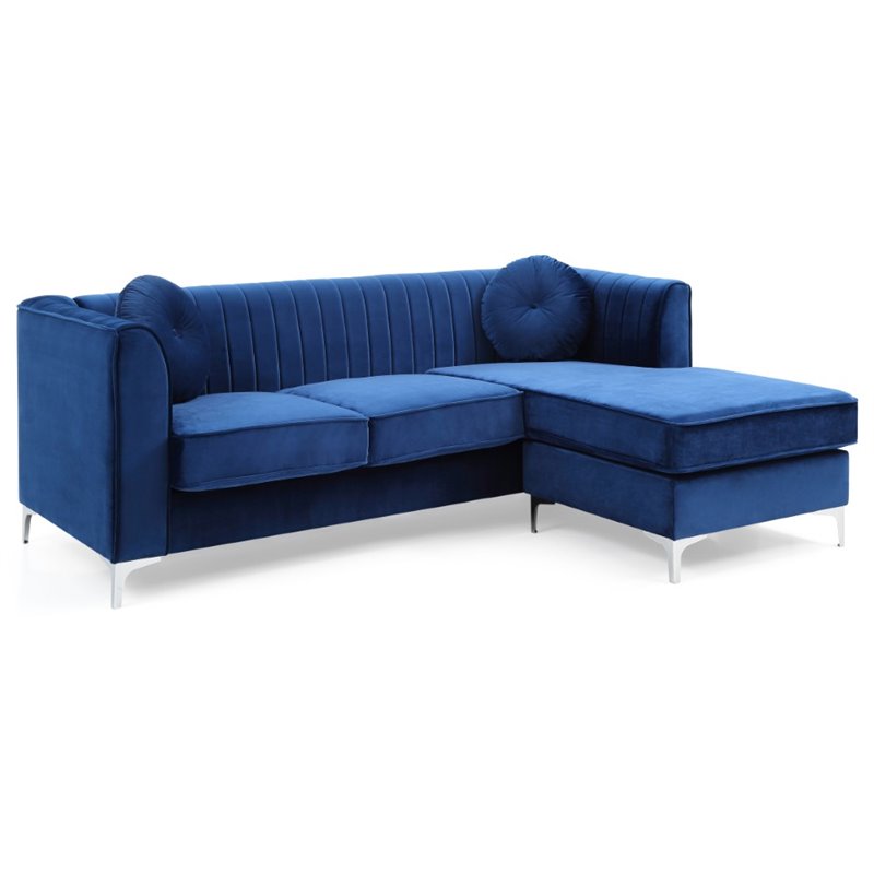 Maklaine Contemporary Soft Velvet Channel Tufted Sofa Chaise in Navy Blue