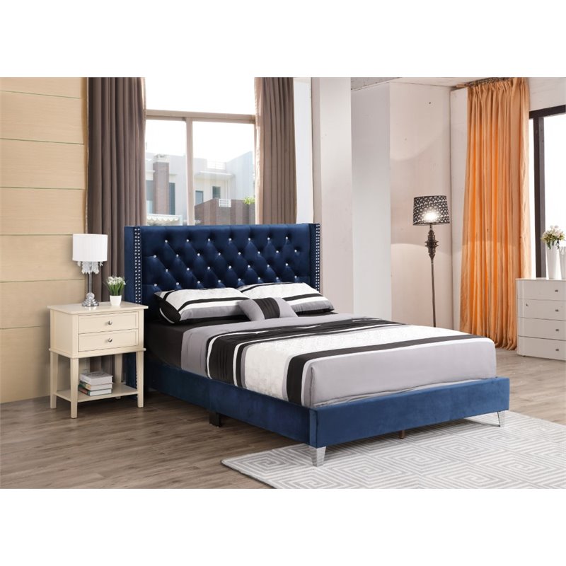 Maklaine Transitional Upholstered Velvet Full Bed in Navy Blue