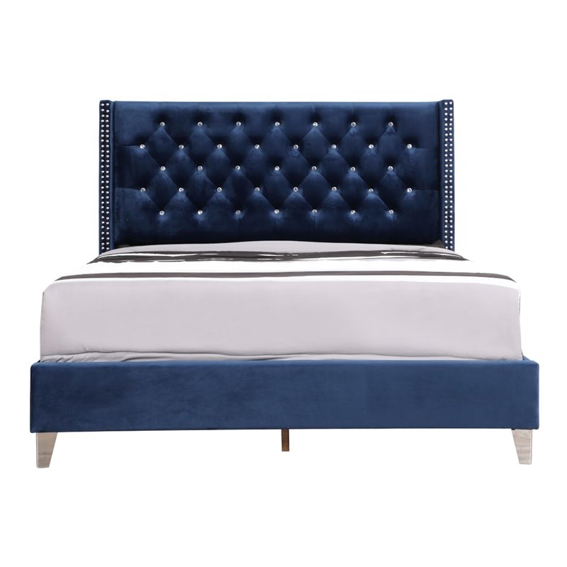 Maklaine Transitional Upholstered Velvet Full Bed in Navy Blue