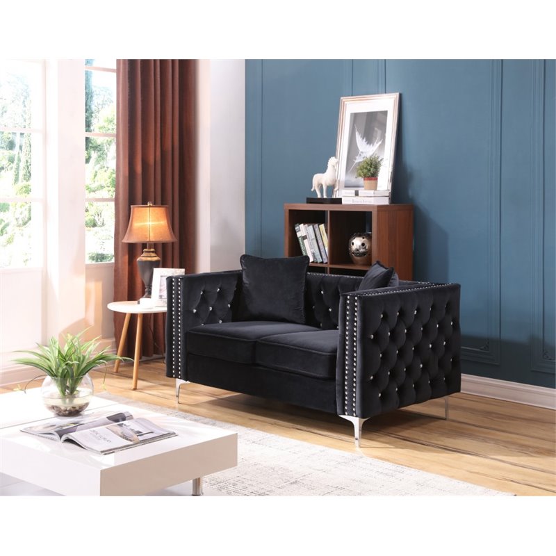 Maklaine Contemporary Soft Velvet Jeweled Buttoned Tufted Loveseat in Black