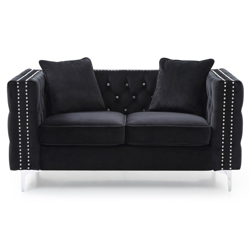 Maklaine Contemporary Soft Velvet Jeweled Buttoned Tufted Loveseat in Black