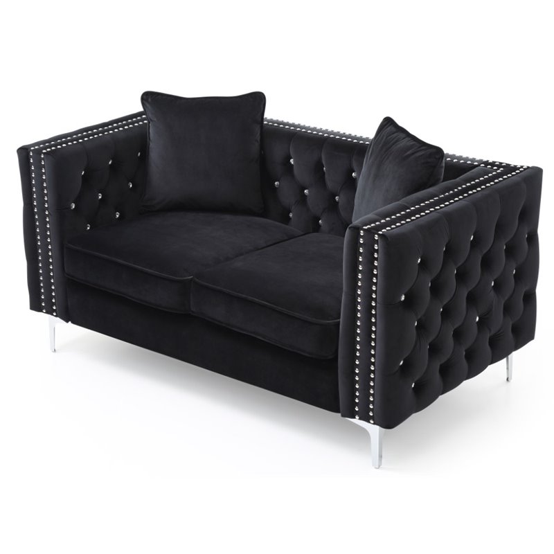 Maklaine Contemporary Soft Velvet Jeweled Buttoned Tufted Loveseat in Black