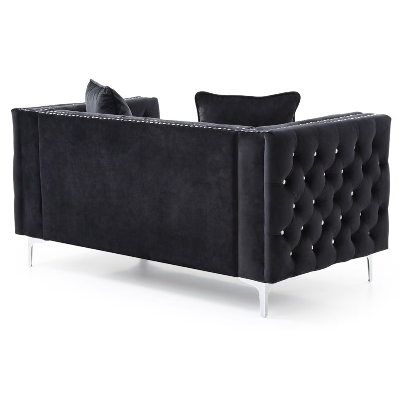 Maklaine Contemporary Soft Velvet Jeweled Buttoned Tufted Loveseat in Black