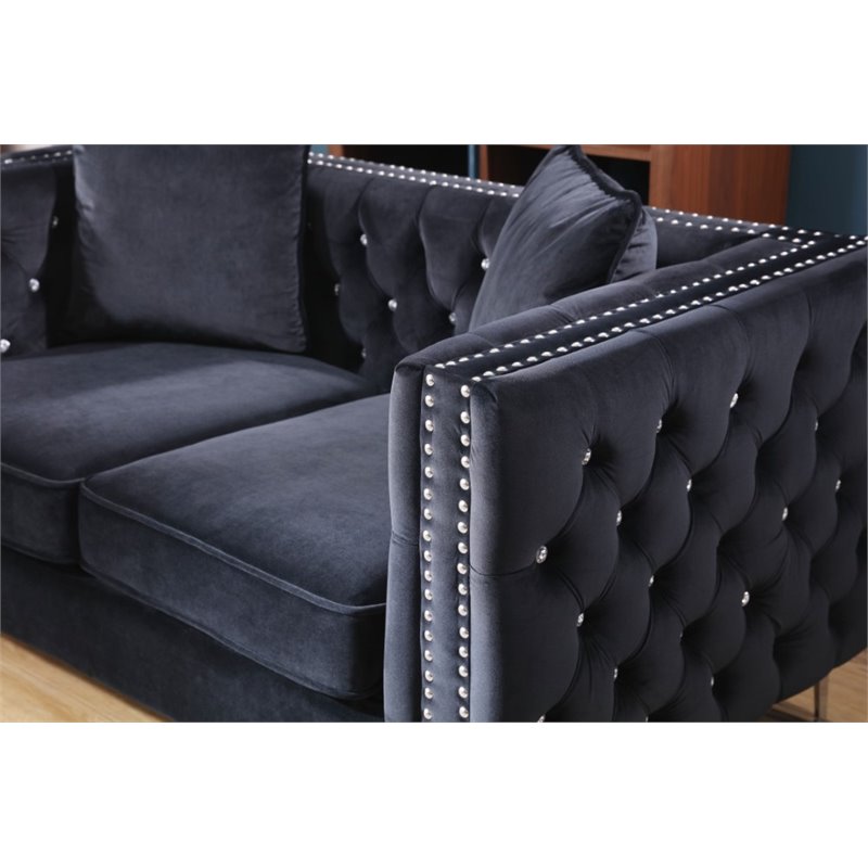 Maklaine Contemporary Soft Velvet Jeweled Buttoned Tufted Loveseat in Black