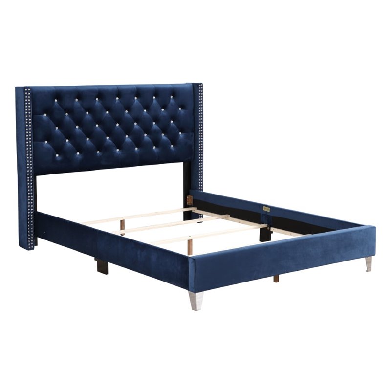 Maklaine Transitional Upholstered Velvet Queen Bed in Navy Blue