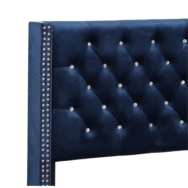 Maklaine Transitional Upholstered Velvet Queen Bed in Navy Blue