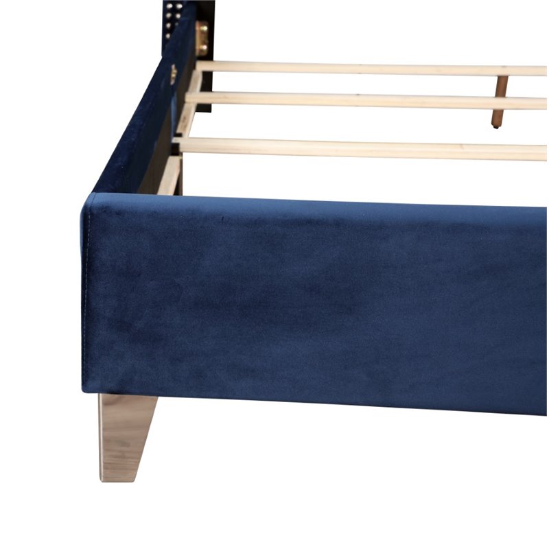 Maklaine Transitional Upholstered Velvet Queen Bed in Navy Blue
