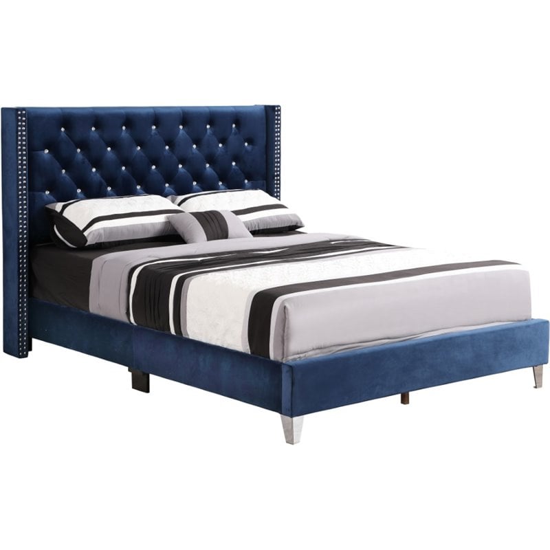 Maklaine Transitional Upholstered Velvet Queen Bed in Navy Blue