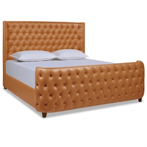Maklaine Faux Leather Caramel Tan Brown King Bed Diamond Tufted 83.5&quotW x 88.5&quotD x 58.5&quotH