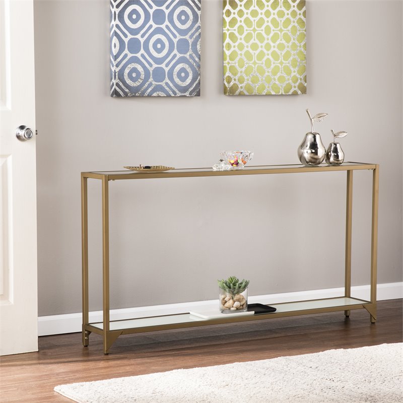 Maklaine Modern Narrow Metal Console in Gold with White Glass