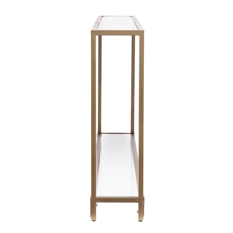 Maklaine Modern Narrow Metal Console in Gold with White Glass
