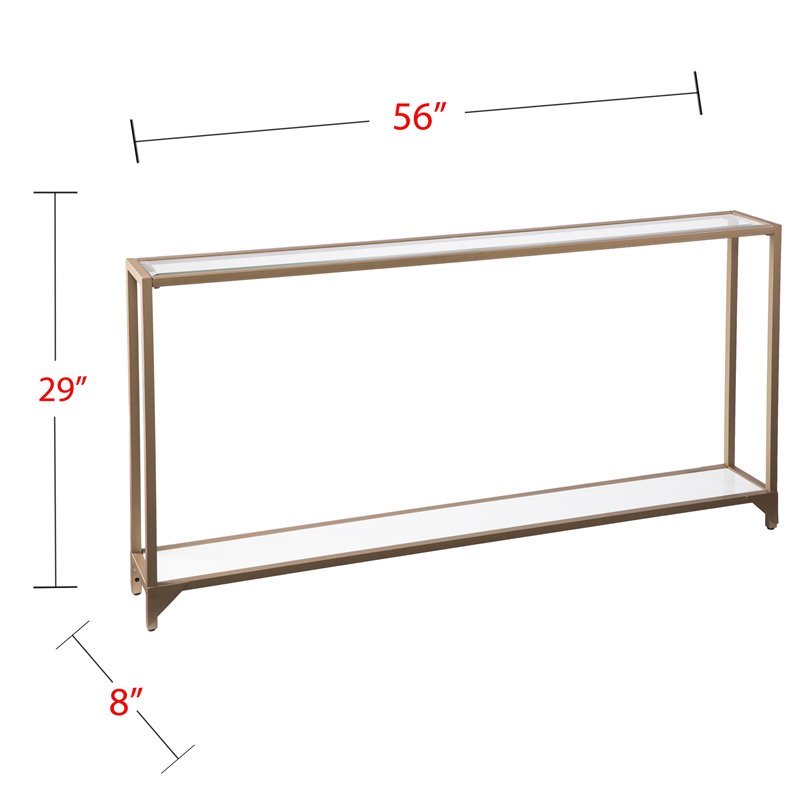 Maklaine Modern Narrow Metal Console in Gold with White Glass