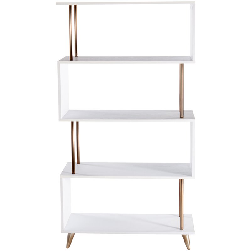 Maklaine Modern Wooden 4 Shelf Bookcase in White and Champagne