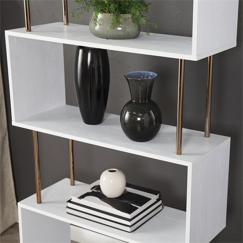Maklaine Modern Wooden 4 Shelf Bookcase in White and Champagne