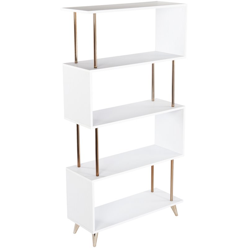 Maklaine Modern Wooden 4 Shelf Bookcase in White and Champagne