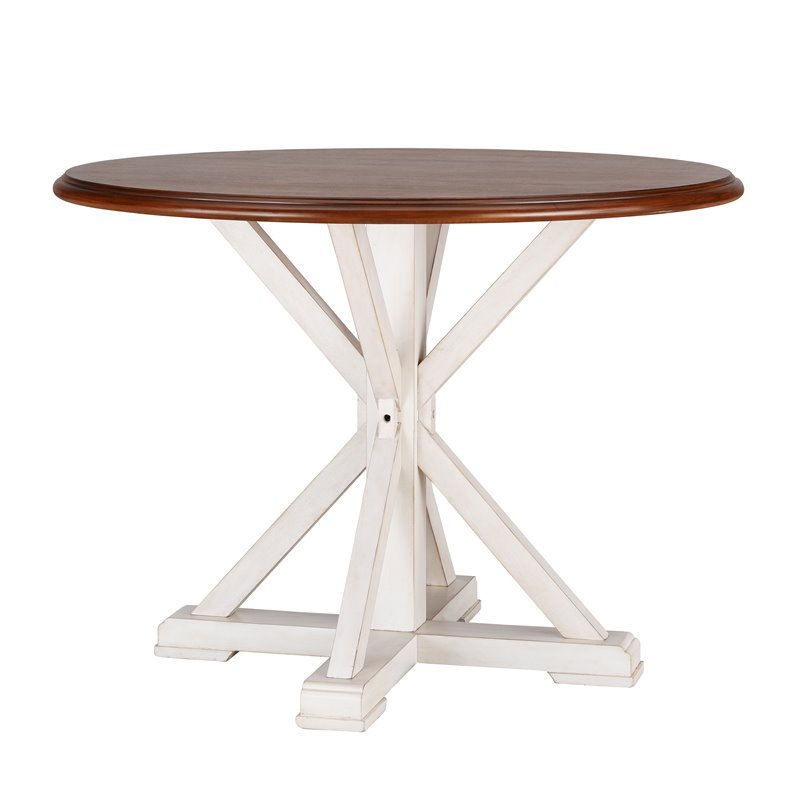 Maklaine Transitional Farmhouse Round Dining Table in Brown and White