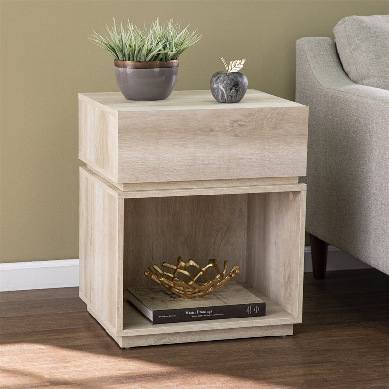 Maklaine Transitional Engineered Wood Charging Side Table in Oak