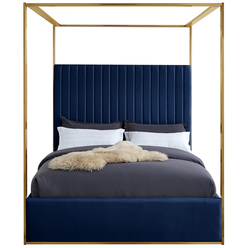 Maklaine Contemporary designed Navy Finished Velvet King Bed