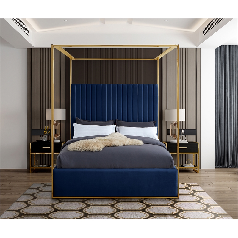 Maklaine Contemporary designed Navy Finished Velvet King Bed