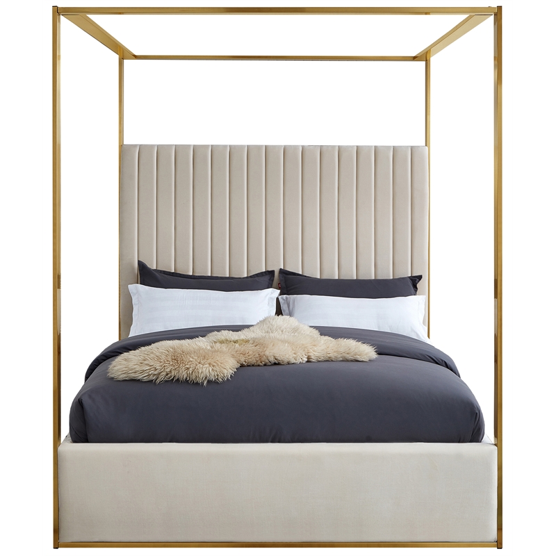 Maklaine Contemporary designed Cream Finished Velvet King Bed