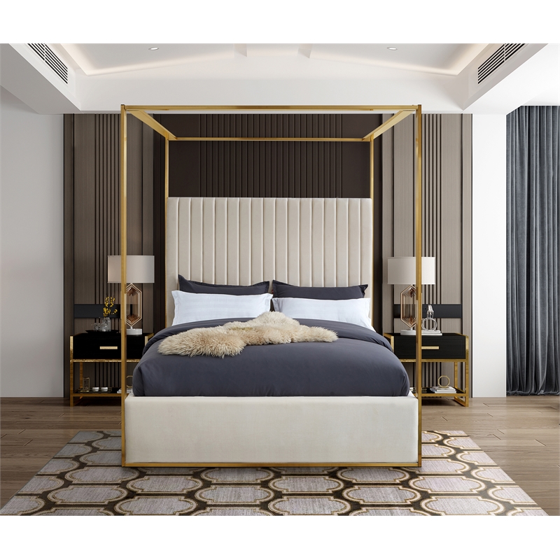 Maklaine Contemporary designed Cream Finished Velvet King Bed