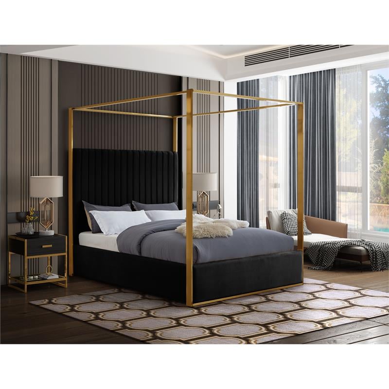 Maklaine Contemporary designed Black Finished Velvet Queen Bed
