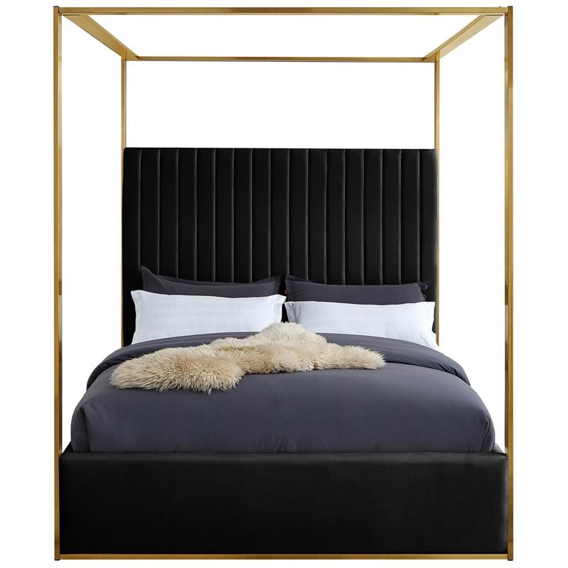 Maklaine Contemporary designed Black Finished Velvet Queen Bed