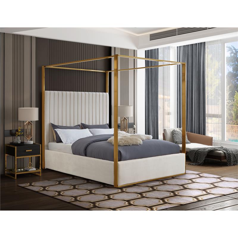 Maklaine Contemporary designed Cream Finished Velvet Queen Bed
