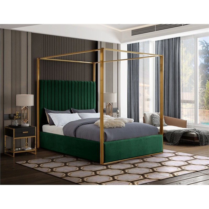 Maklaine Contemporary Velvet Deep Channel Tufted Queen Bed in Green