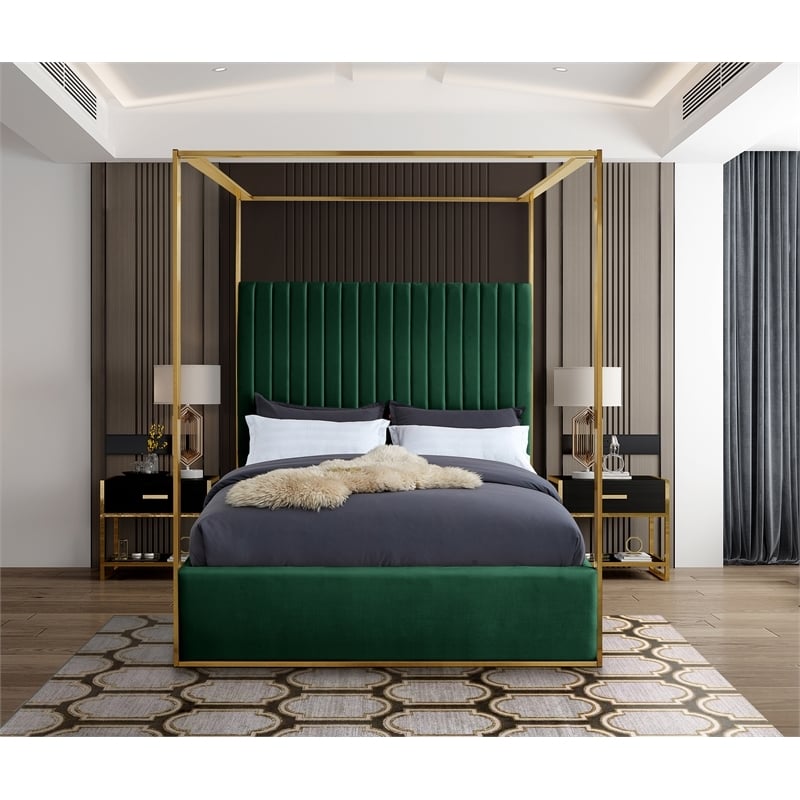 Maklaine Contemporary Velvet Deep Channel Tufted Queen Bed in Green
