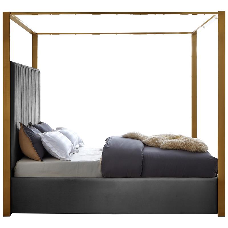 Maklaine Contemporary designed Gray Finished Velvet Queen Bed