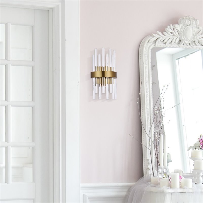 Maklaine Metal and Crystal Gold Wall Sconce Rectangular Royal Cut 14