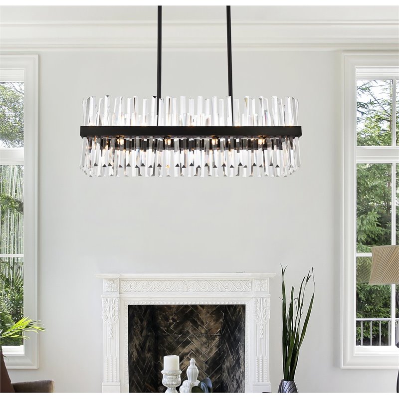 Maklaine Iron Crystal Black Chandelier Rectangular Dimmable 36