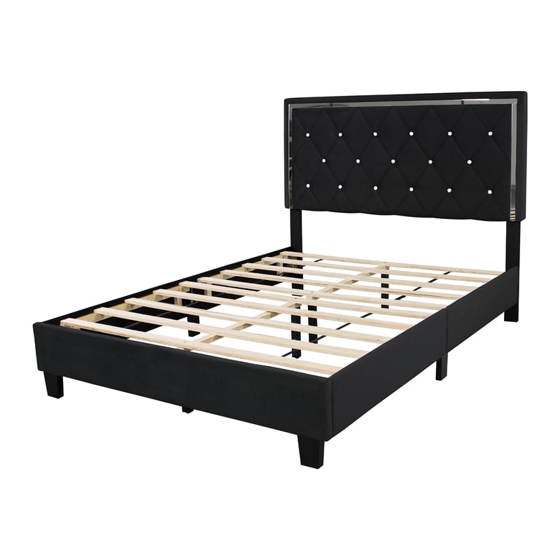 Maklaine Velvet Upholstered Full Platform Bed in Black Finish