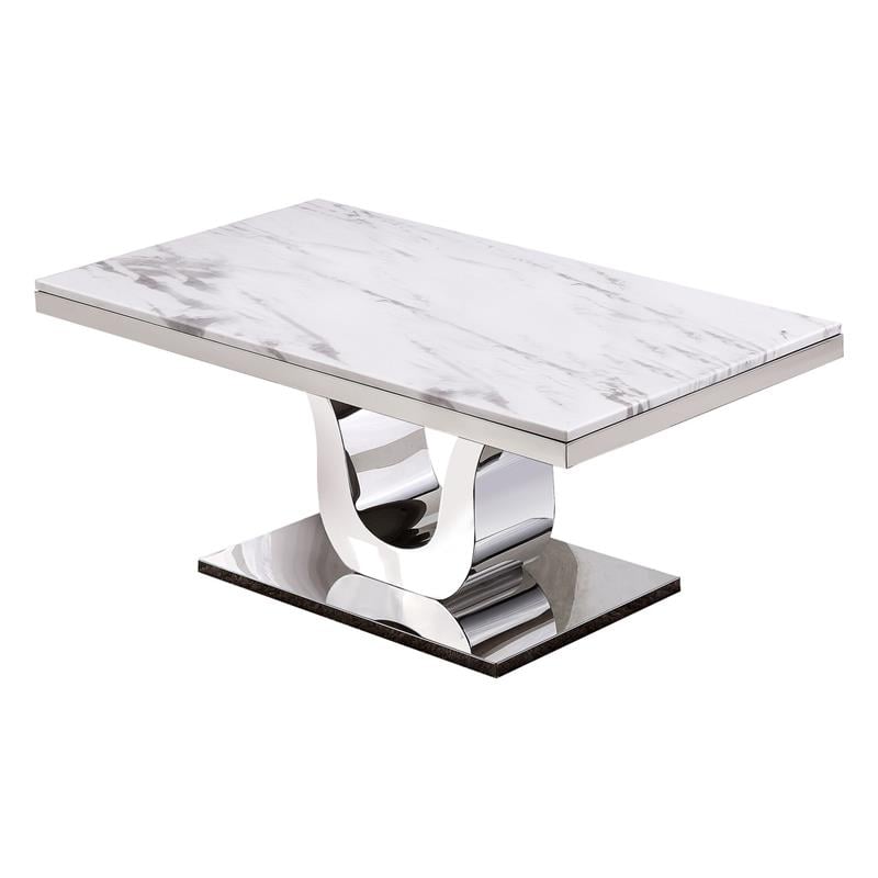 Maklaine White Marble 3pc Coffee Table Set w/ Silver Stainless Steel Base