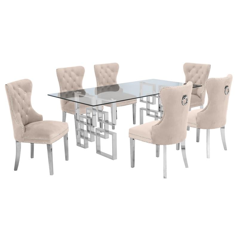 Maklaine Rectangular Clear Glass 7pc Dining Set w/ Silver Stainless Steel Base
