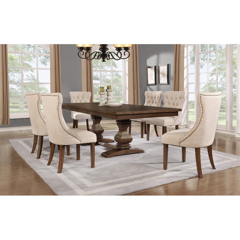 Maklaine Walnut Wood Dining Set with Extendable Table & Beige Linen Chairs