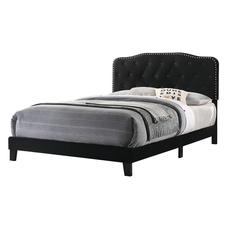 Maklaine Black Velvet Upholstered Panel Bed with Silver Nailhead - Full