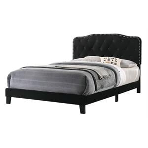 Maklaine Black Velvet Upholstered Panel Bed with Silver Nailhead - Full