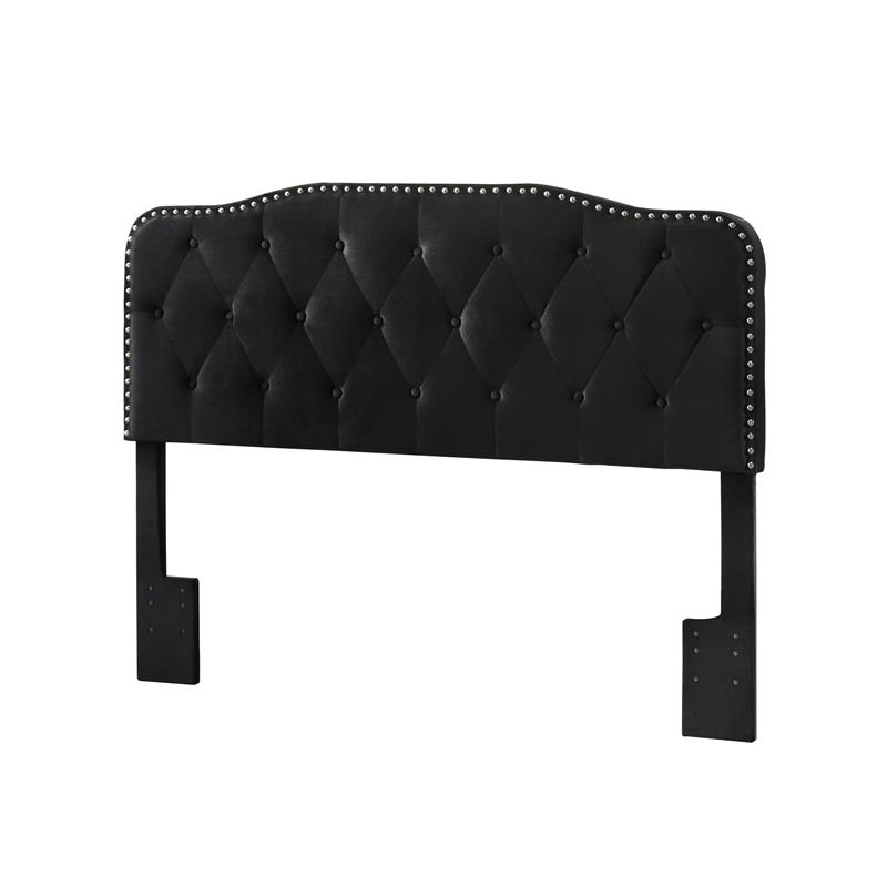 Maklaine Black Velvet Upholstered Panel Bed with Silver Nailhead - Full